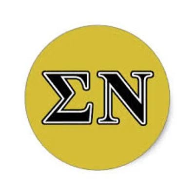 Gold circle with black Sigma Nu Greek letters seal